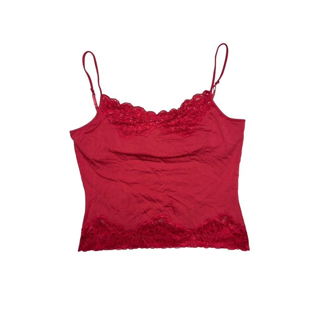 WD·NY Red Silk Blend Lace Trim Beaded Camisole Tank Top